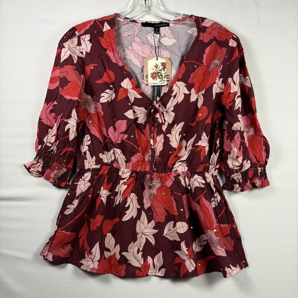 Harve Benard Shine womens floral pinks smock 3/4sleeve bow/bead M NWT‎